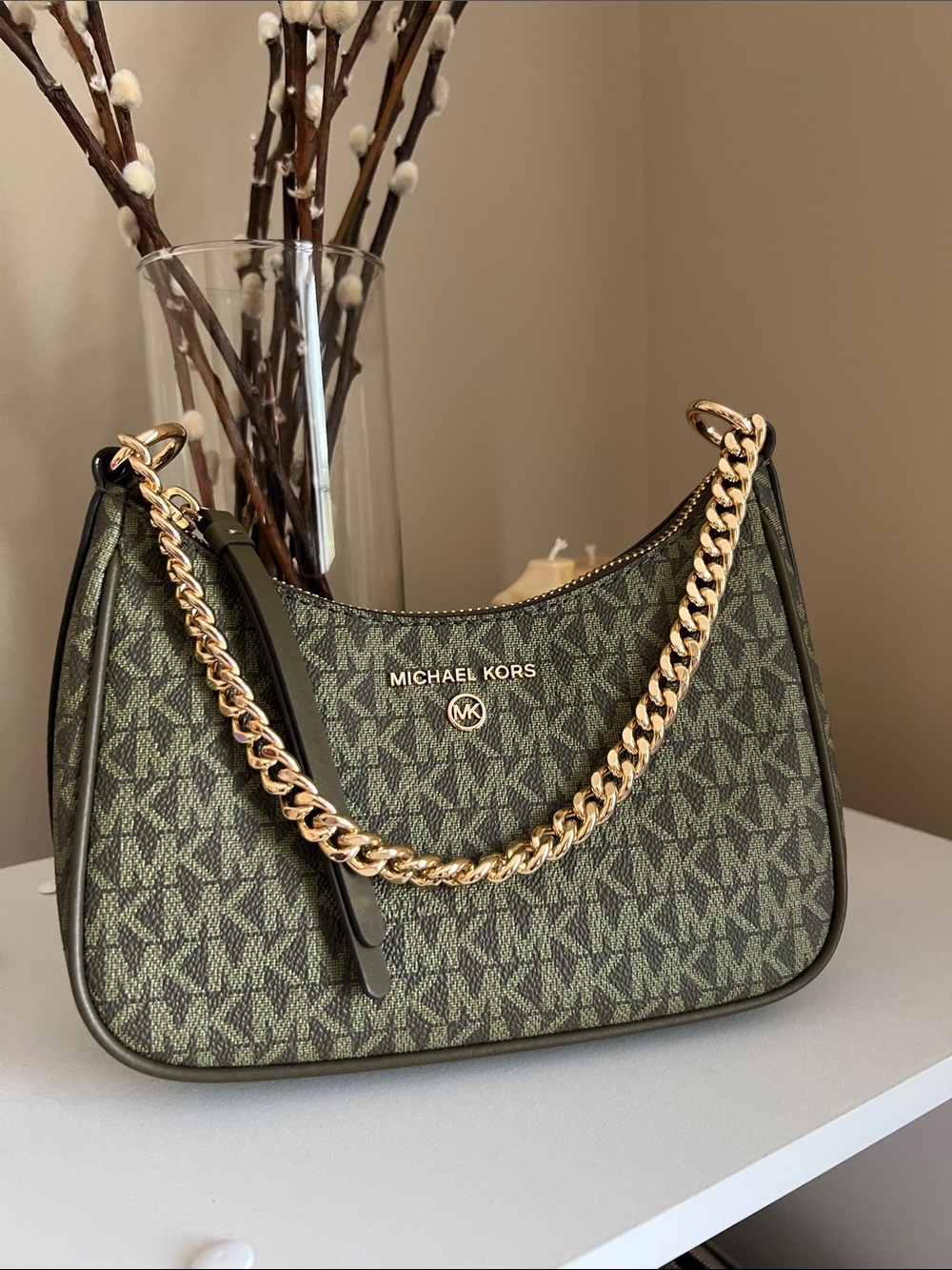 MICHAEL KORS Olive Logo Chain Shoulder Bag with Gold Hardware